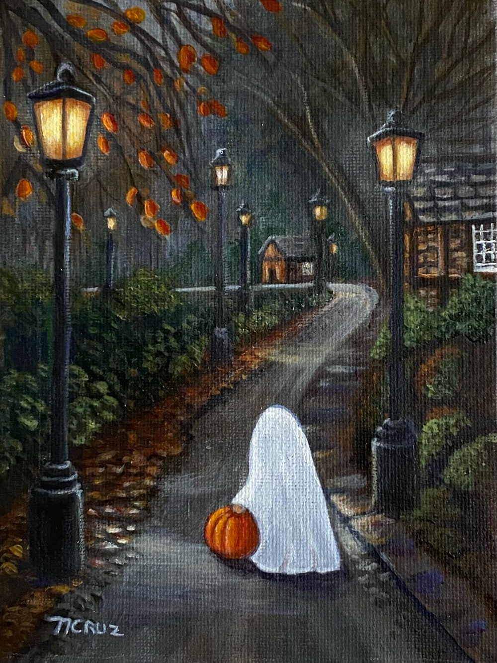 Original Art Print Evening Ghost with Pumpkin